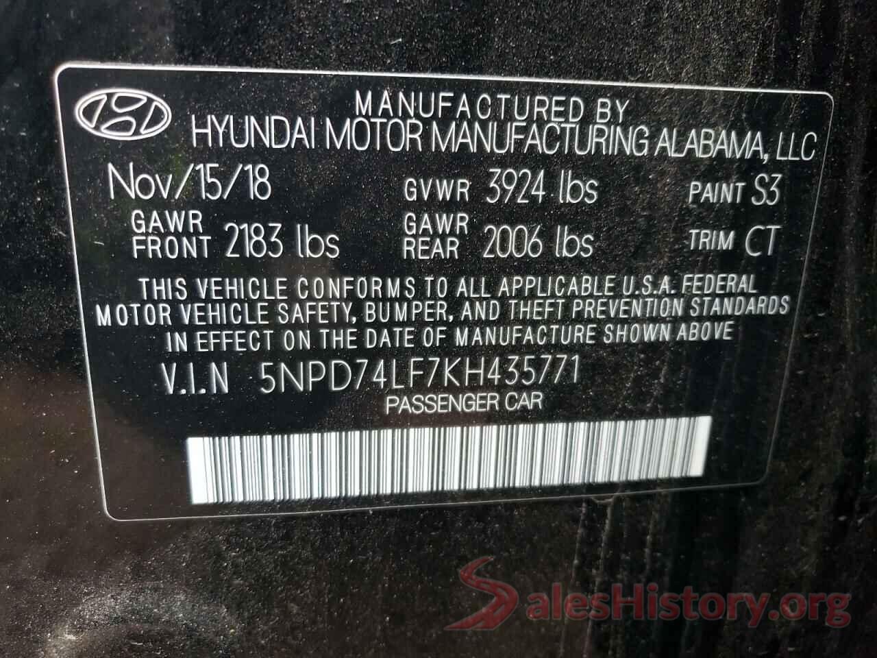 5NPD74LF7KH435771 2019 HYUNDAI ELANTRA