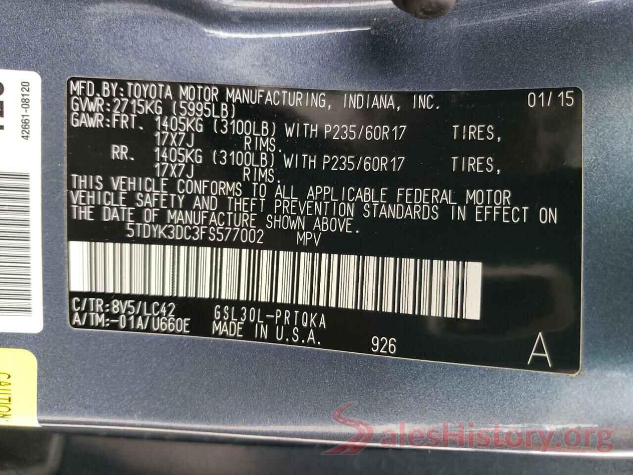 5TDYK3DC3FS577002 2015 TOYOTA SIENNA