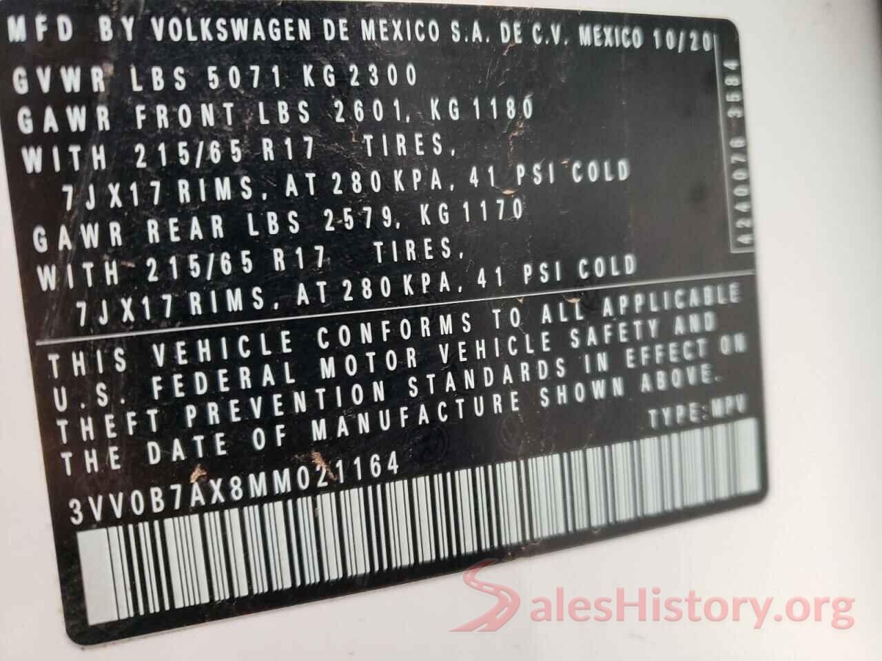 3VV0B7AX8MM021164 2021 VOLKSWAGEN TIGUAN