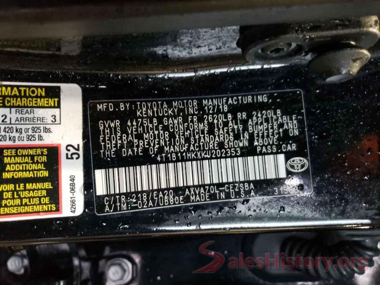 4T1B11HKXKU202353 2019 TOYOTA CAMRY