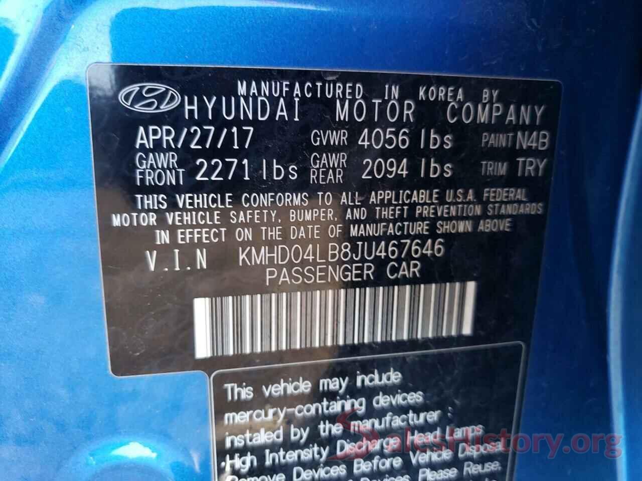 KMHD04LB8JU467646 2018 HYUNDAI ELANTRA