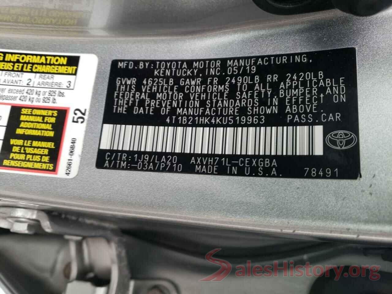 4T1B21HK4KU519963 2019 TOYOTA CAMRY