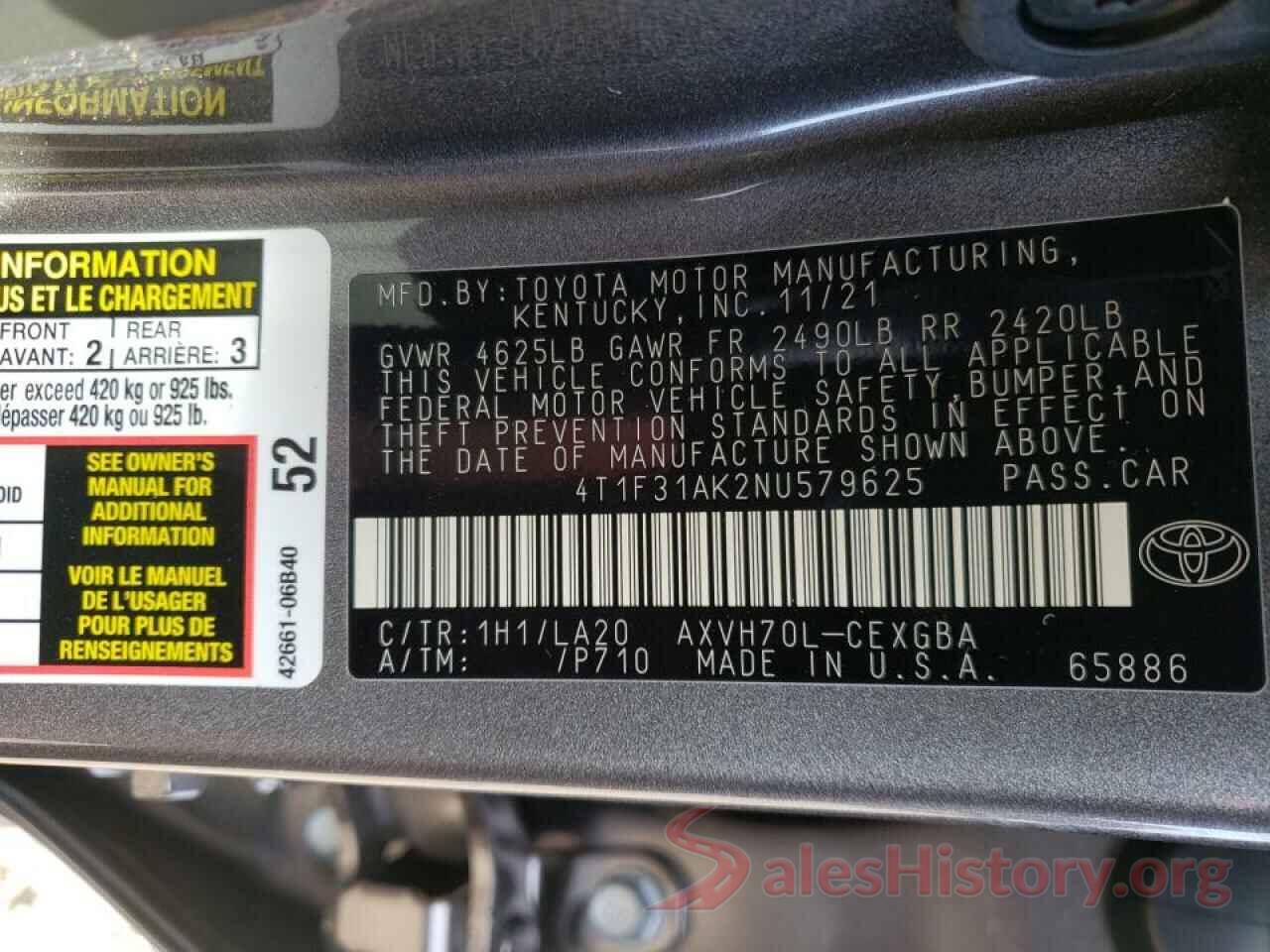 4T1F31AK2NU579625 2022 TOYOTA CAMRY