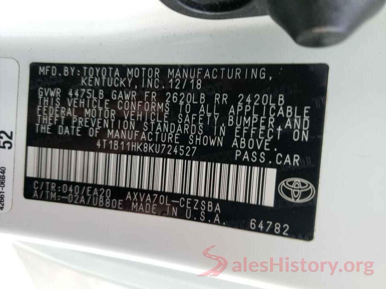 4T1B11HK8KU724527 2019 TOYOTA CAMRY