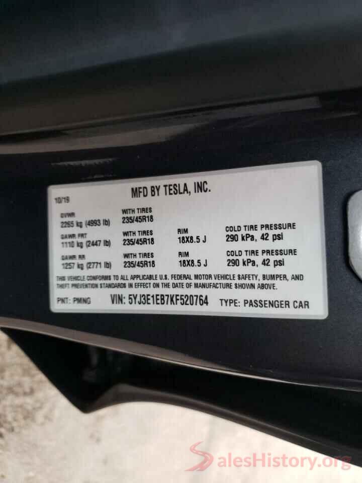 5YJ3E1EB7KF520764 2019 TESLA MODEL 3