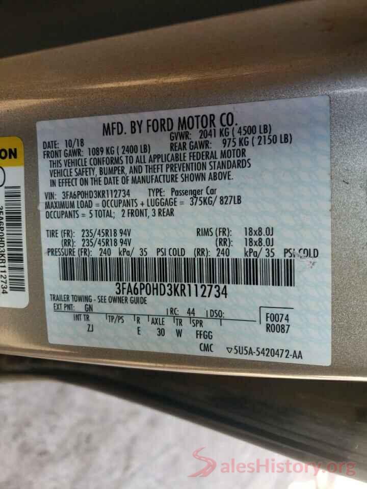 3FA6P0HD3KR112734 2019 FORD FUSION