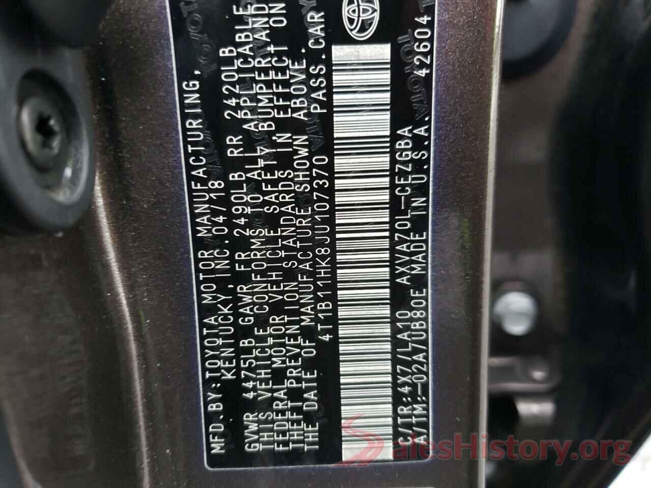 4T1B11HK8JU107370 2018 TOYOTA CAMRY