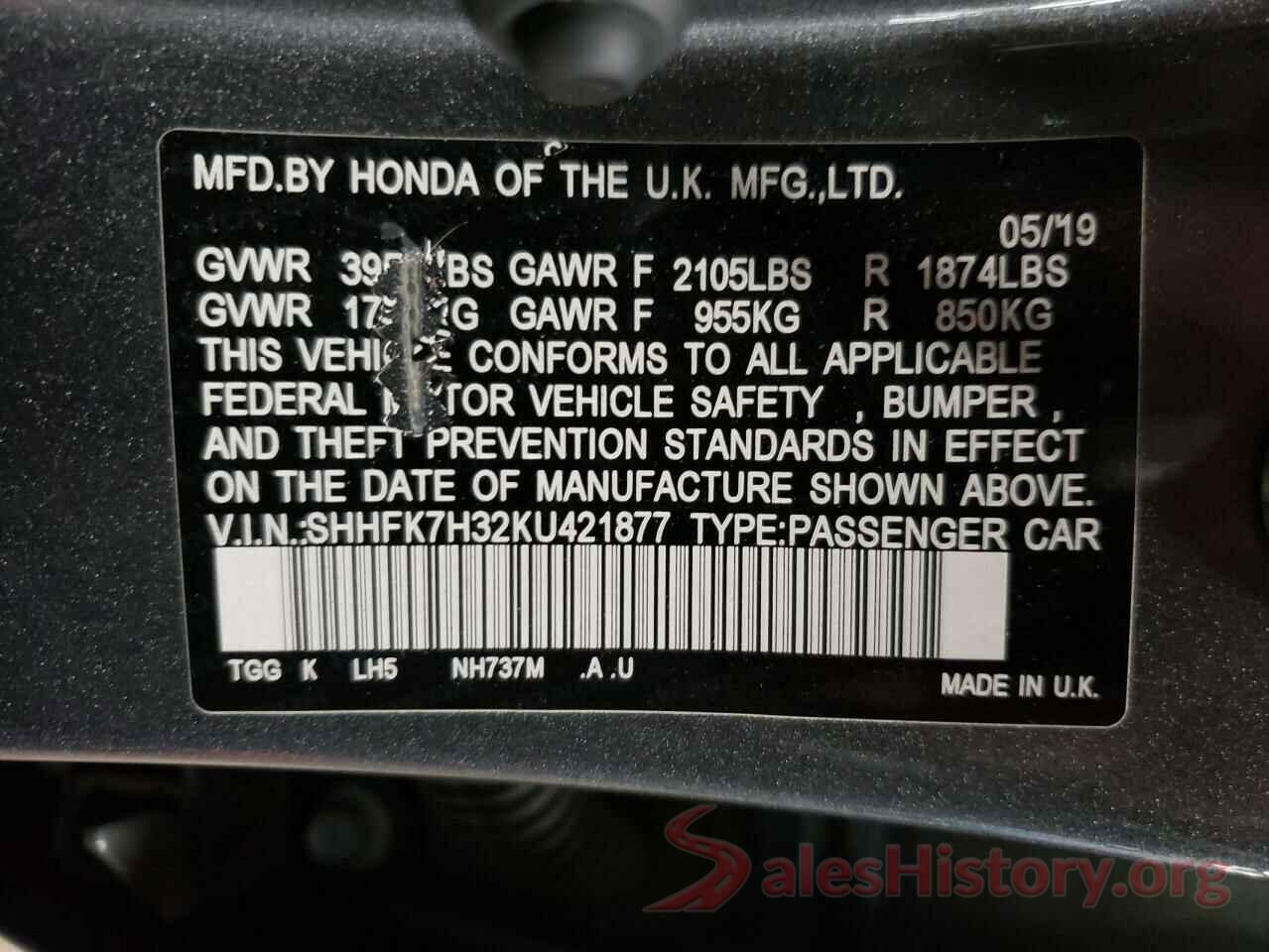 SHHFK7H32KU421877 2019 HONDA CIVIC