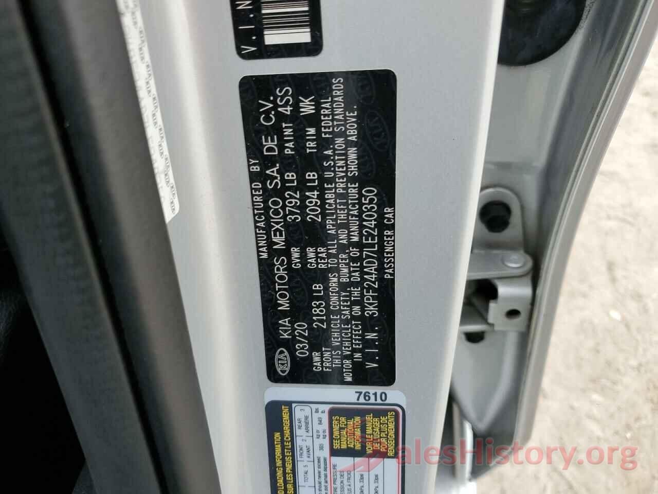 3KPF24AD7LE240350 2020 KIA FORTE