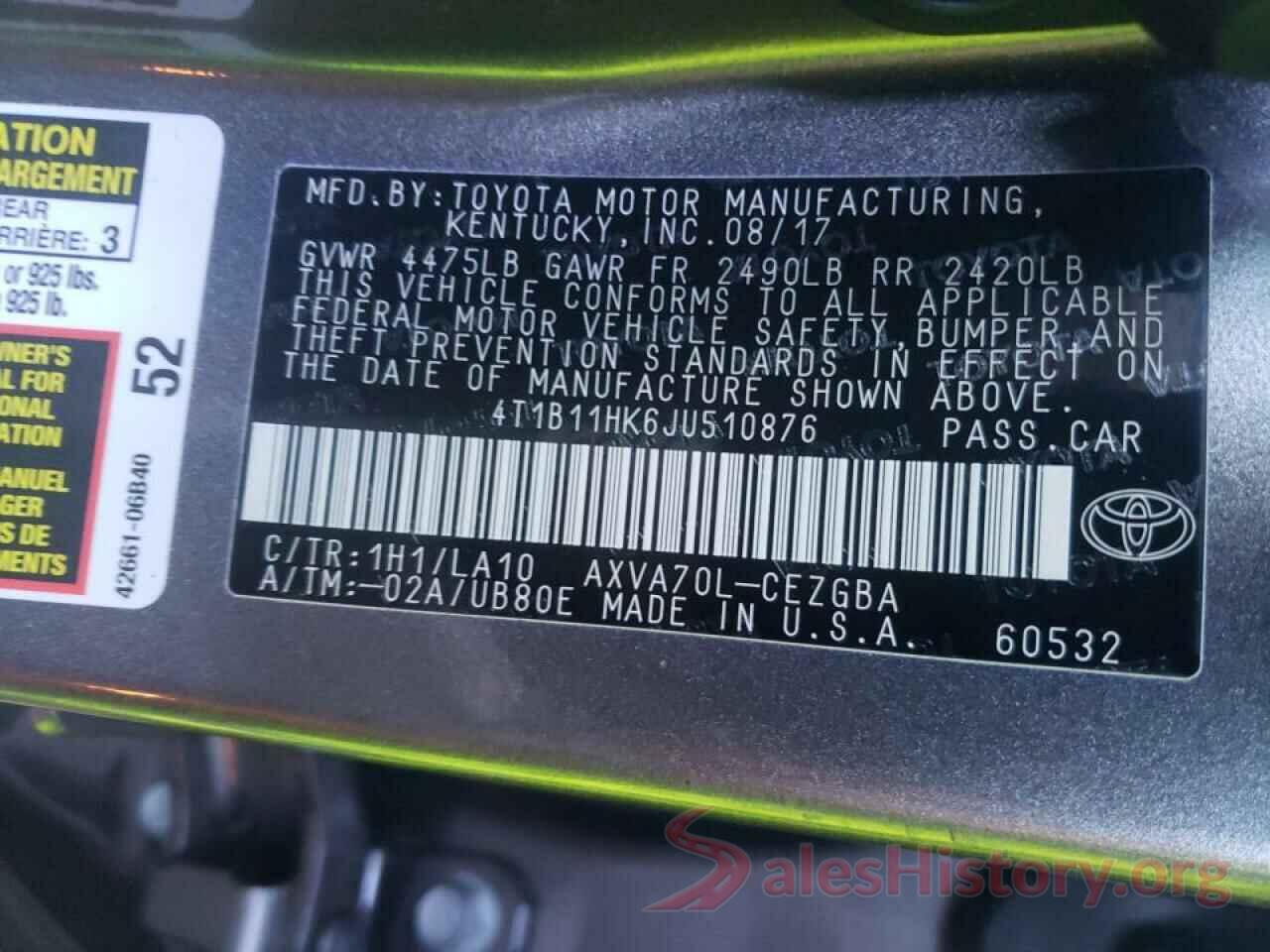 4T1B11HK6JU510876 2018 TOYOTA CAMRY