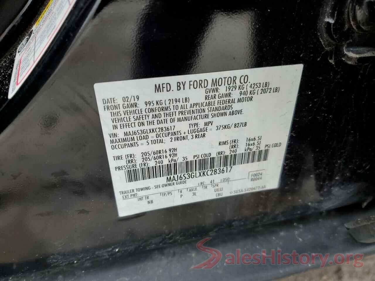 MAJ6S3GLXKC283617 2019 FORD ECOSPORT