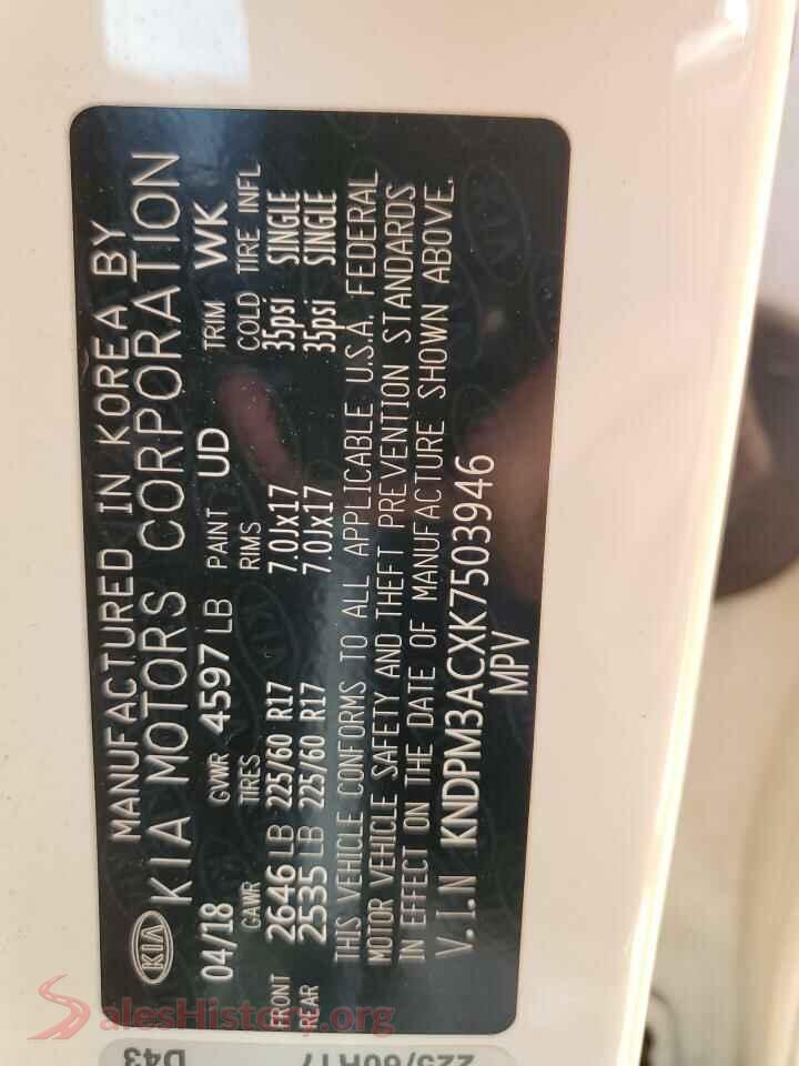 2019 KIA SPORTAGE VIN KNDPM3ACXK7503946, damage close-up