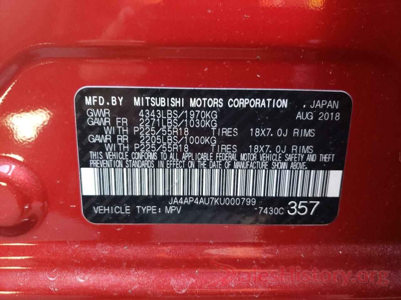 JA4AP4AU7KU000799 2019 MITSUBISHI OUTLANDER