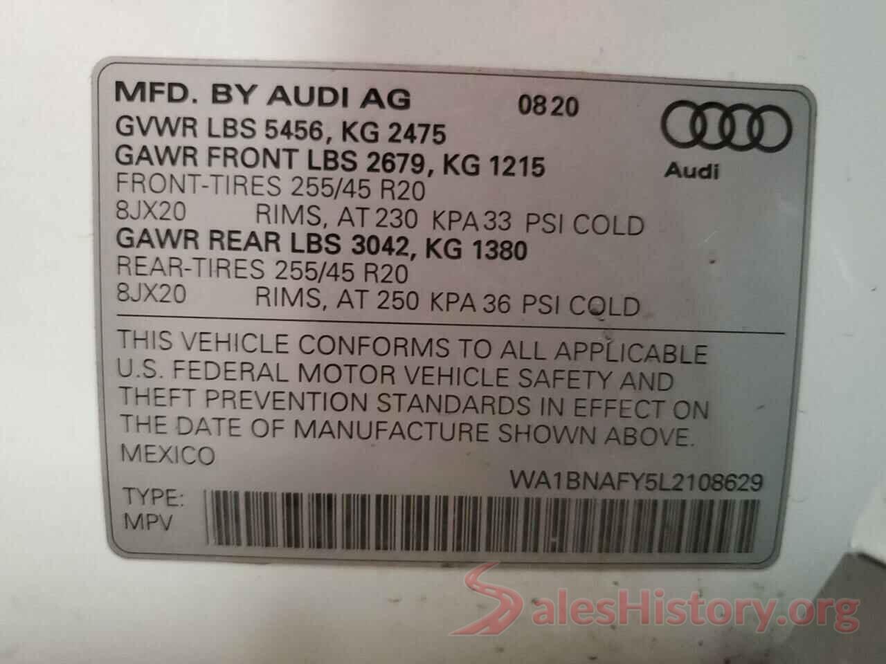 WA1BNAFY5L2108629 2020 AUDI Q5