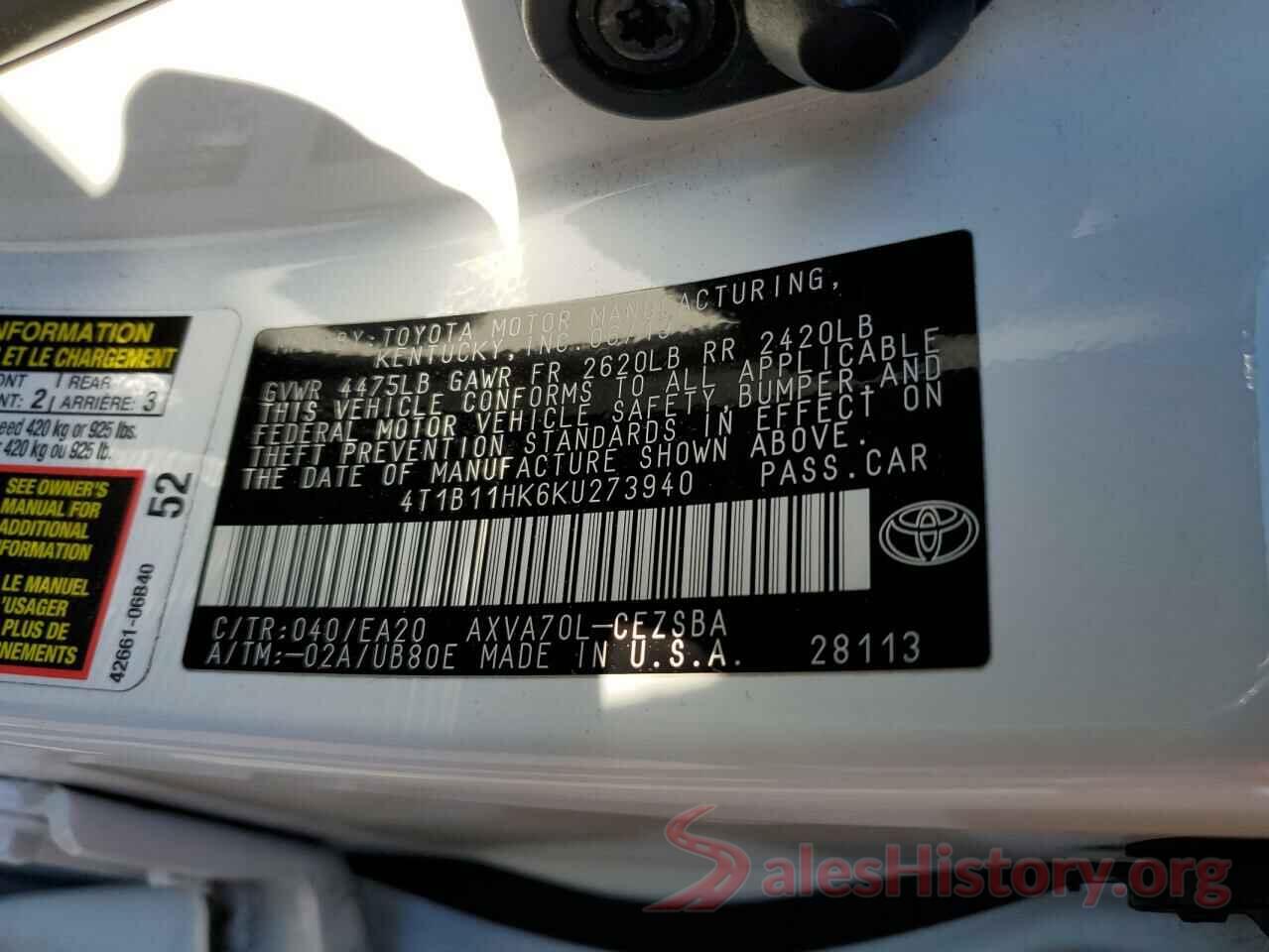 4T1B11HK6KU273940 2019 TOYOTA CAMRY