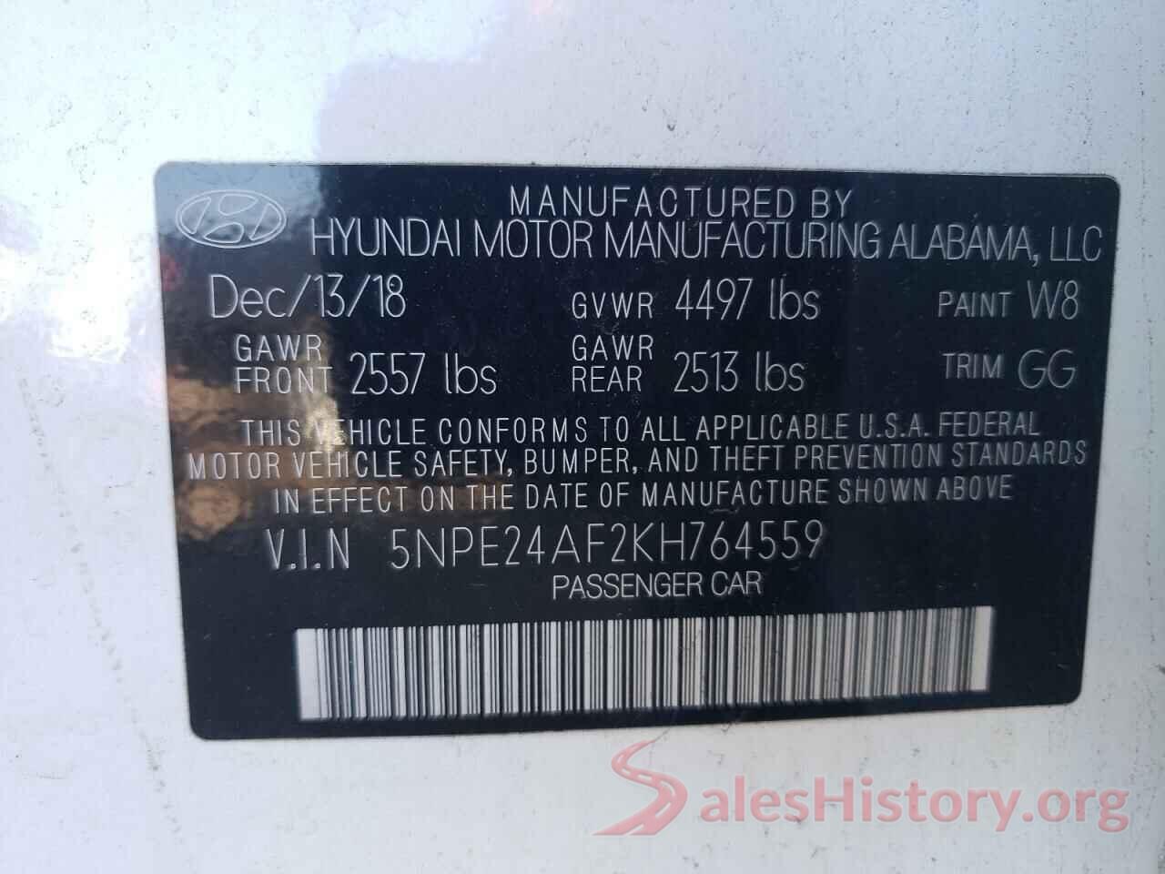 5NPE24AF2KH764559 2019 HYUNDAI SONATA