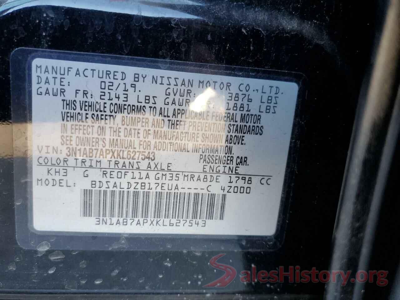 3N1AB7APXKL627543 2019 NISSAN SENTRA