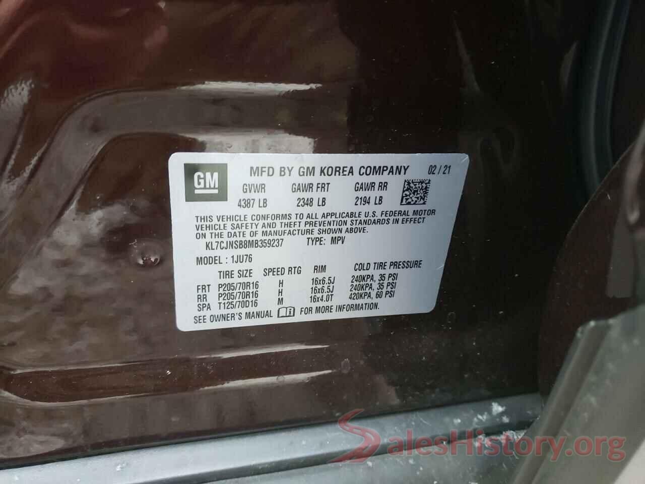 KL7CJNSB8MB359237 2021 CHEVROLET TRAX