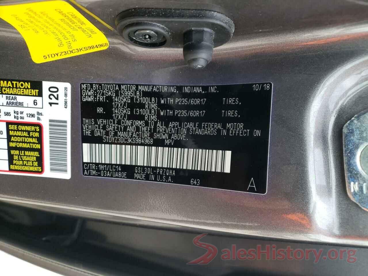 5TDYZ3DC3KS984968 2019 TOYOTA SIENNA