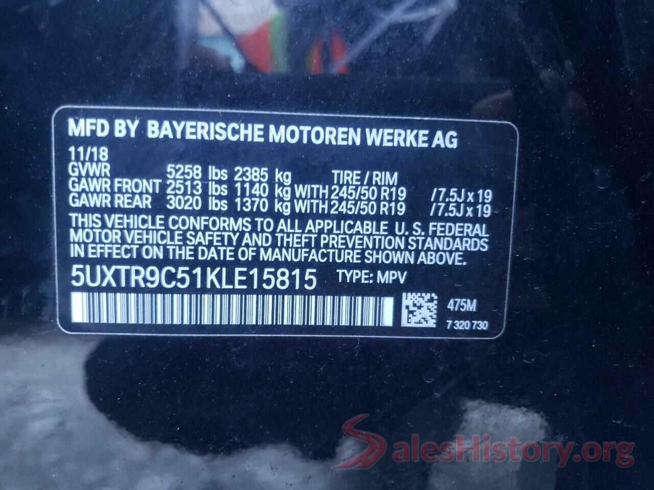 5UXTR9C51KLE15815 2019 BMW X3