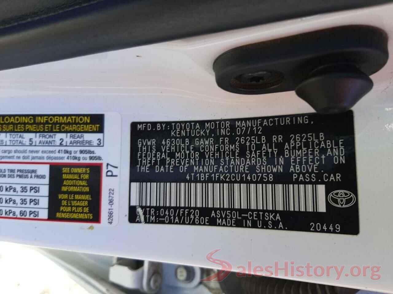 4T1BF1FK2CU140758 2012 TOYOTA CAMRY