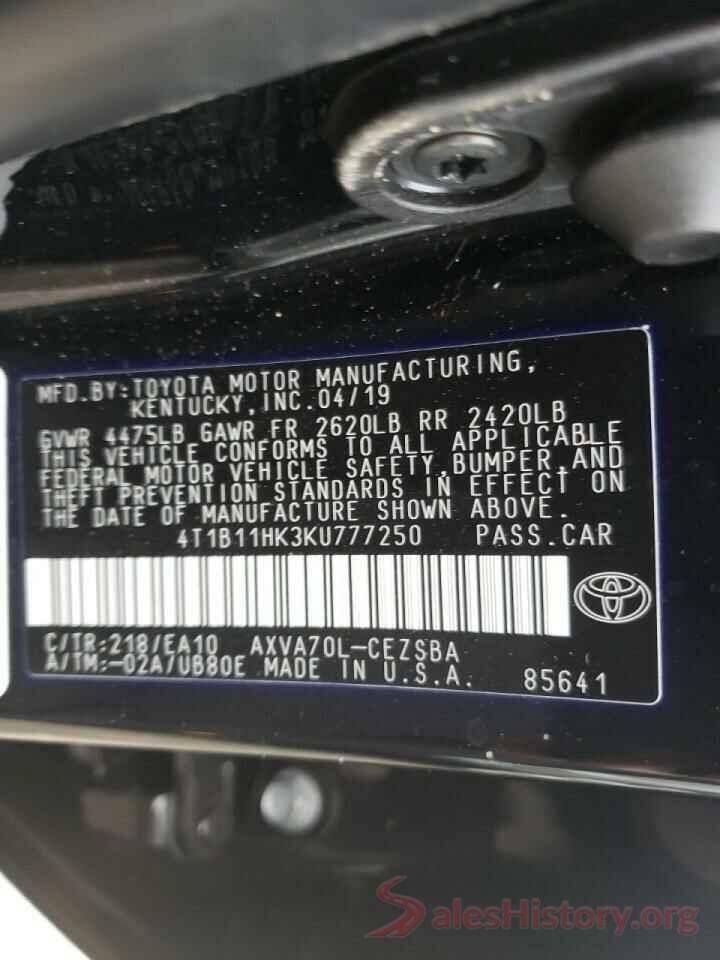 4T1B11HK3KU777250 2019 TOYOTA CAMRY