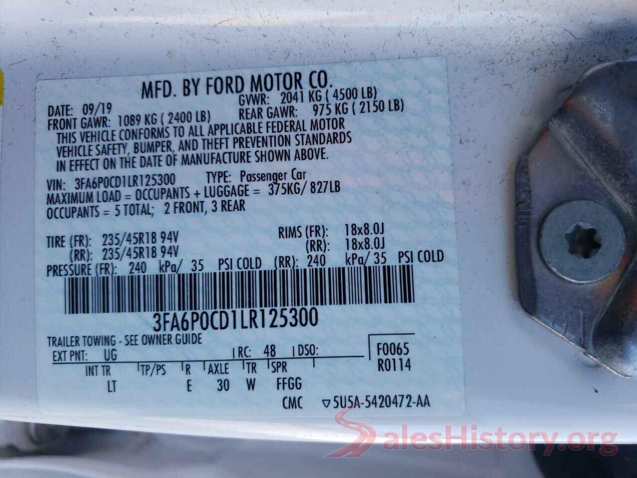 3FA6P0CD1LR125300 2020 FORD FUSION