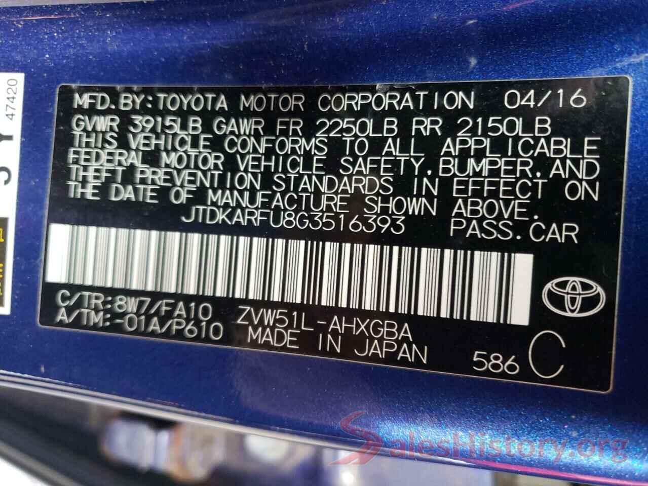 JTDKARFU8G3516393 2016 TOYOTA PRIUS