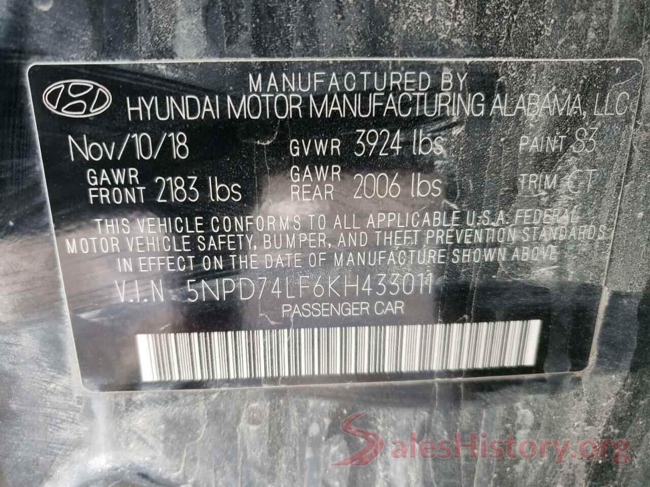 5NPD74LF6KH433011 2019 HYUNDAI ELANTRA