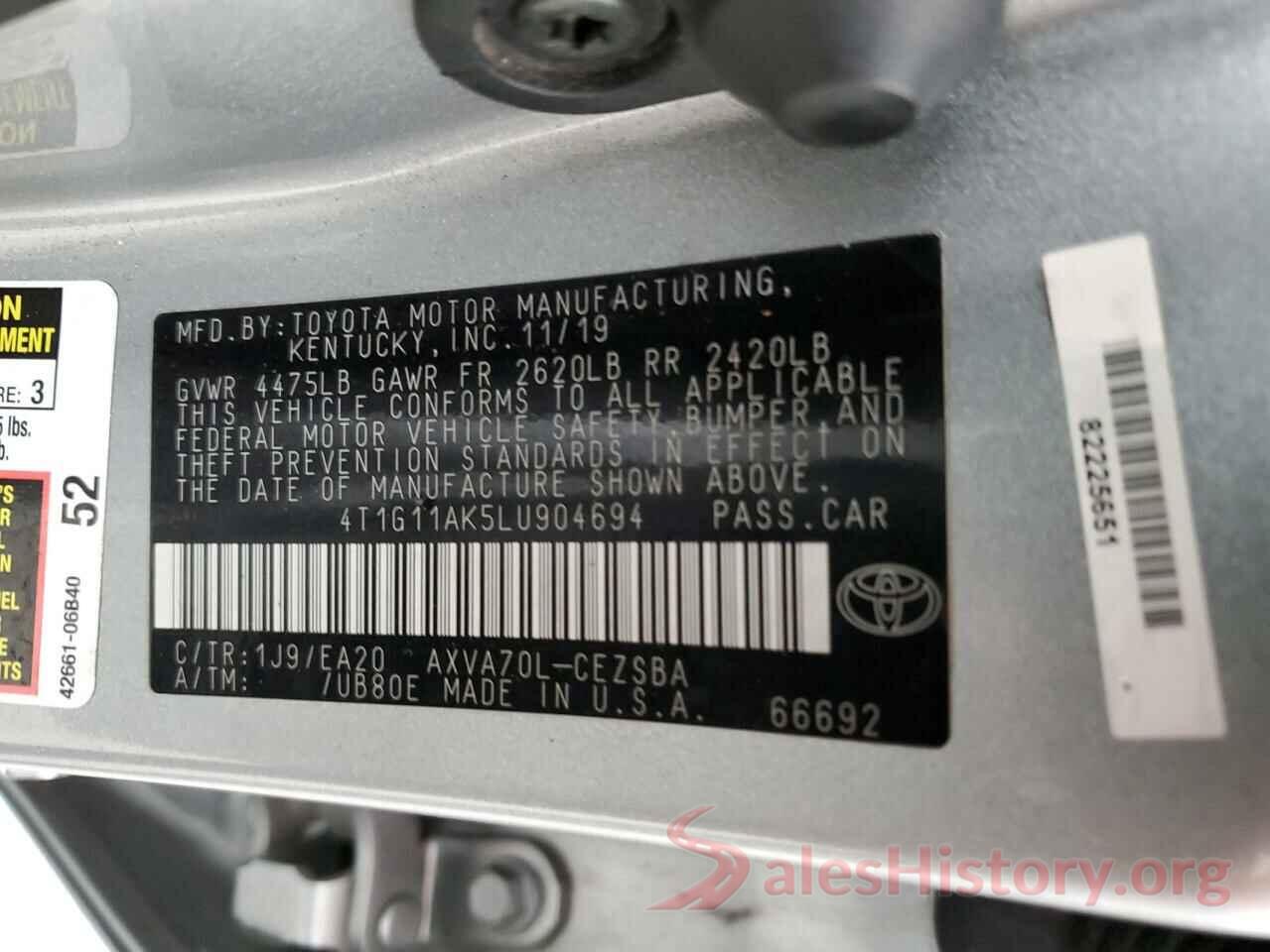 4T1G11AK5LU904694 2020 TOYOTA CAMRY