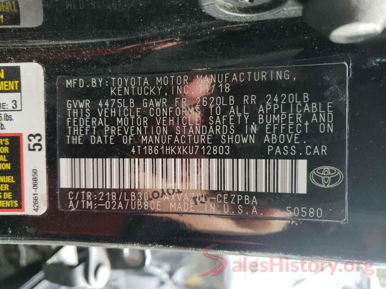 4T1B61HKXKU712803 2019 TOYOTA CAMRY