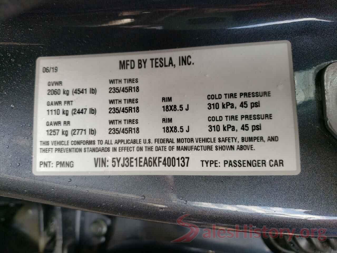 5YJ3E1EA6KF400137 2019 TESLA MODEL 3