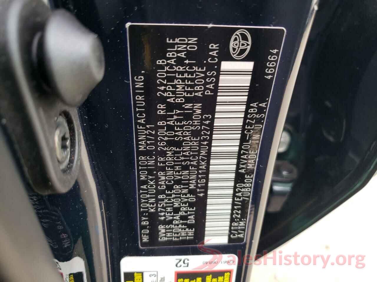 4T1G11AK7MU432743 2021 TOYOTA CAMRY