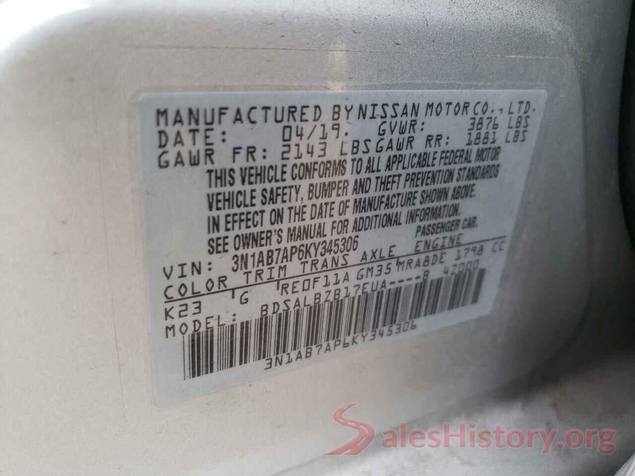 3N1AB7AP6KY345306 2019 NISSAN SENTRA