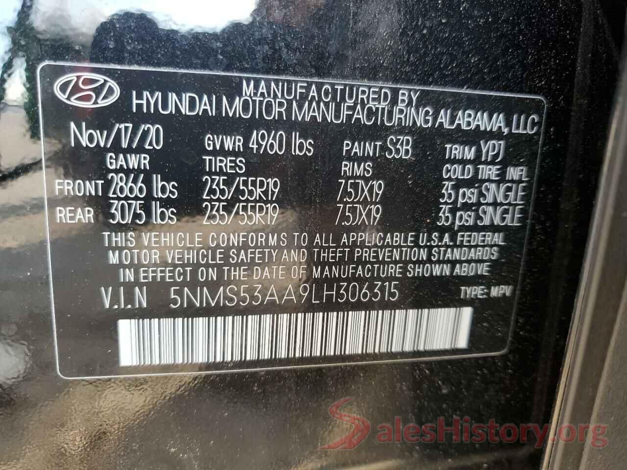 5NMS53AA9LH306315 2020 HYUNDAI SANTA FE