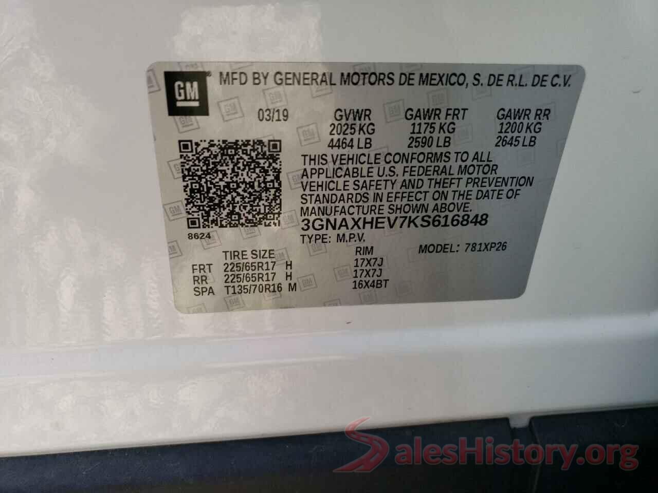 3GNAXHEV7KS616848 2019 CHEVROLET EQUINOX