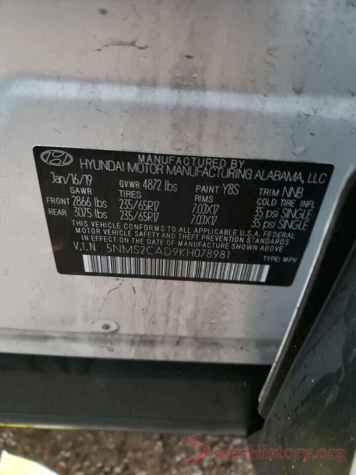 5NMS2CAD9KH078981 2019 HYUNDAI SANTA FE