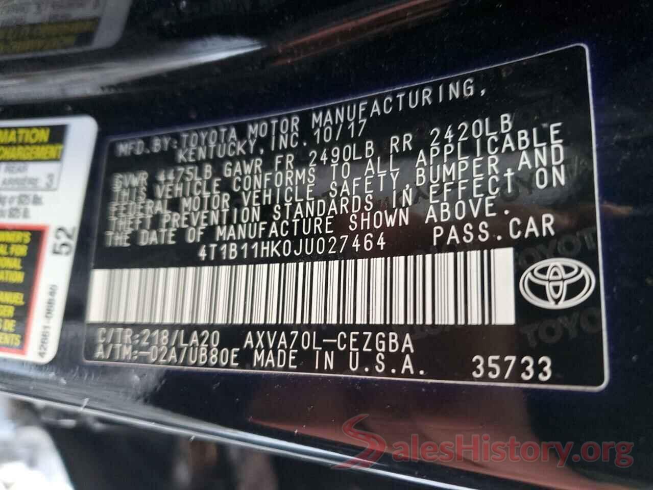 4T1B11HK0JU027464 2018 TOYOTA CAMRY