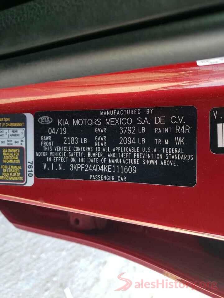 3KPF24AD4KE111609 2019 KIA FORTE