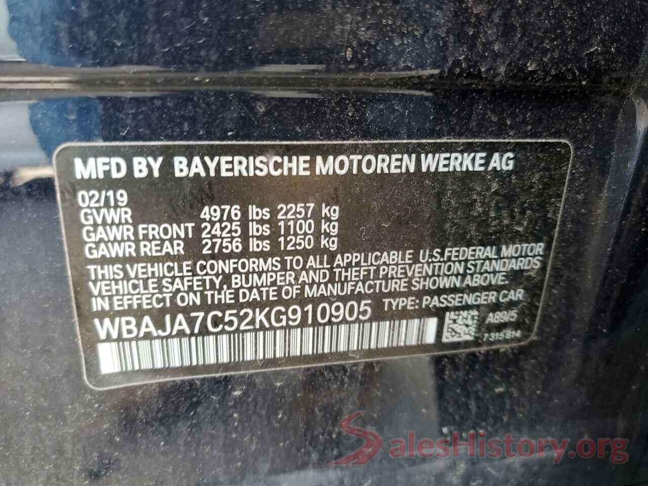 WBAJA7C52KG910905 2019 BMW 5 SERIES