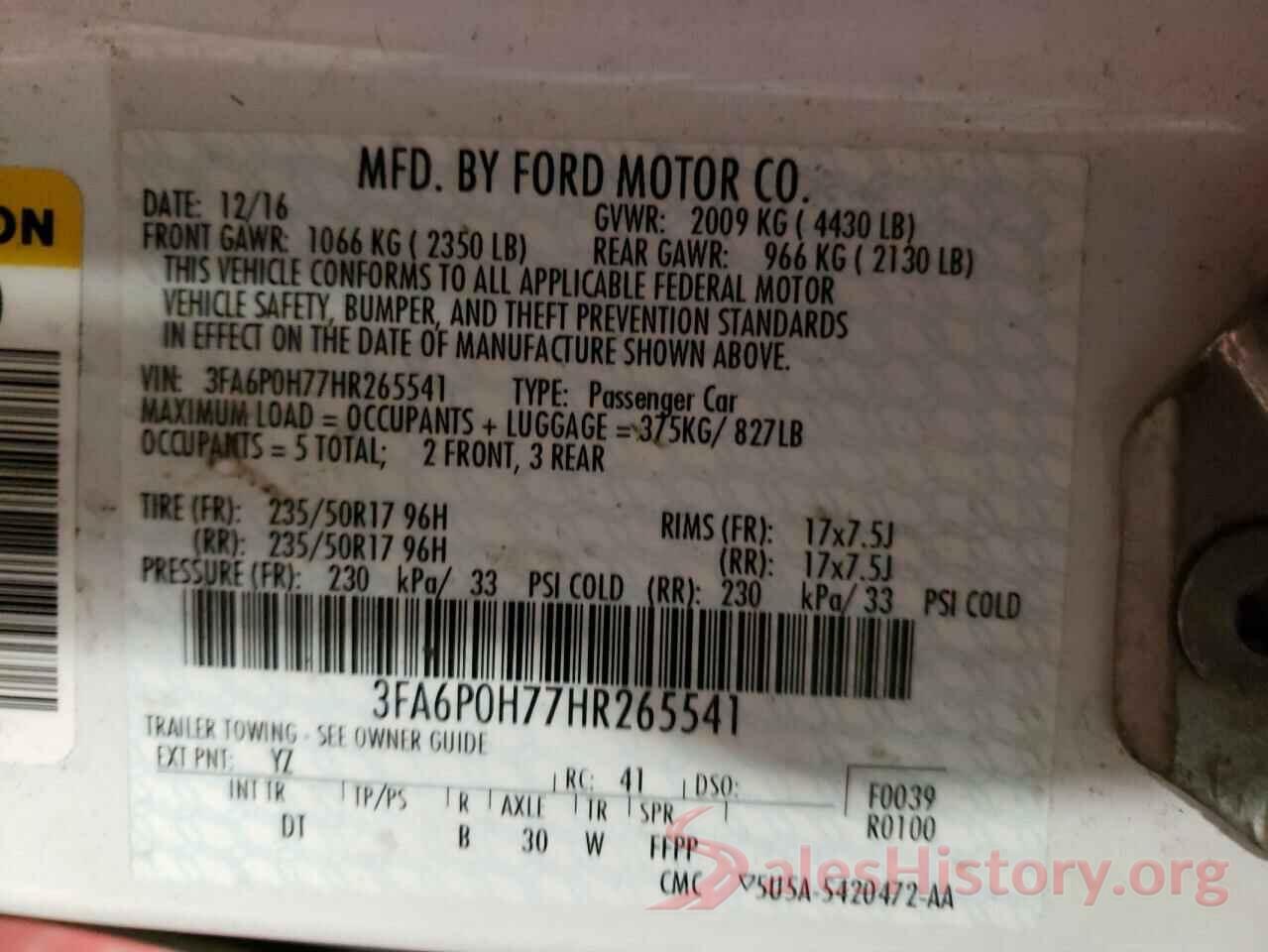 3FA6P0H77HR265541 2017 FORD FUSION