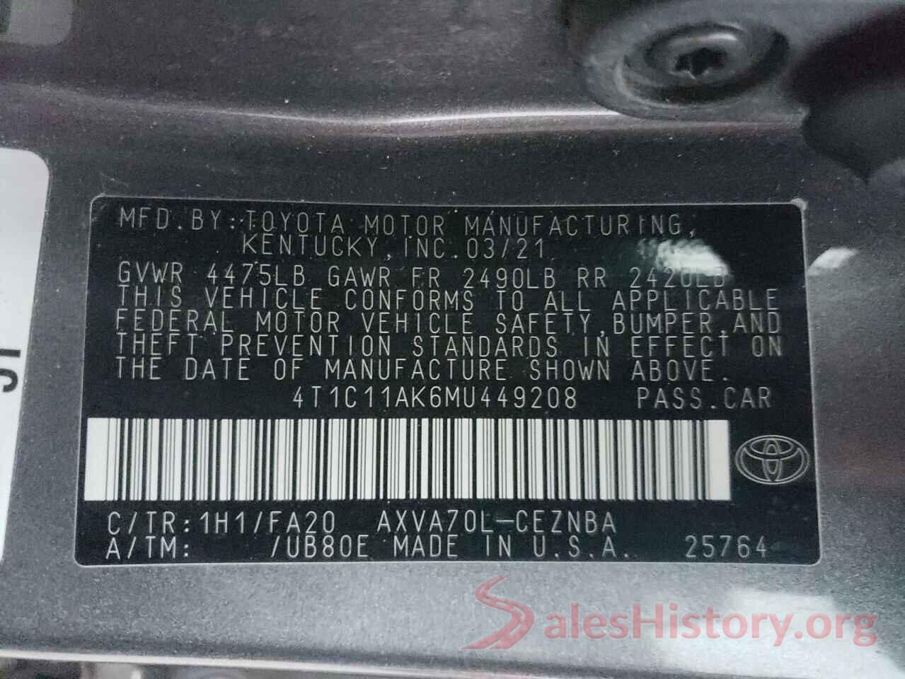 4T1C11AK6MU449208 2021 TOYOTA CAMRY