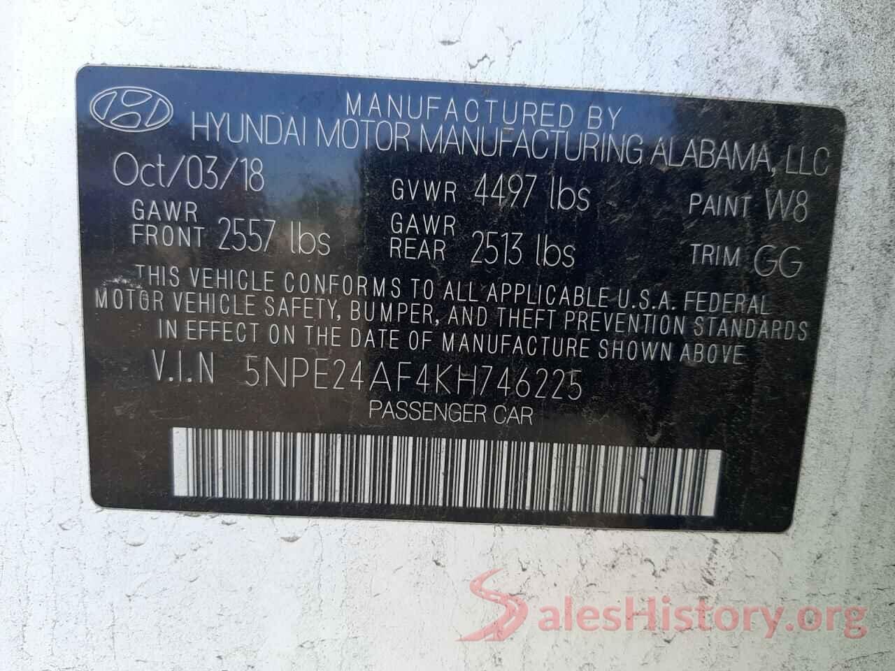 5NPE24AF4KH746225 2019 HYUNDAI SONATA