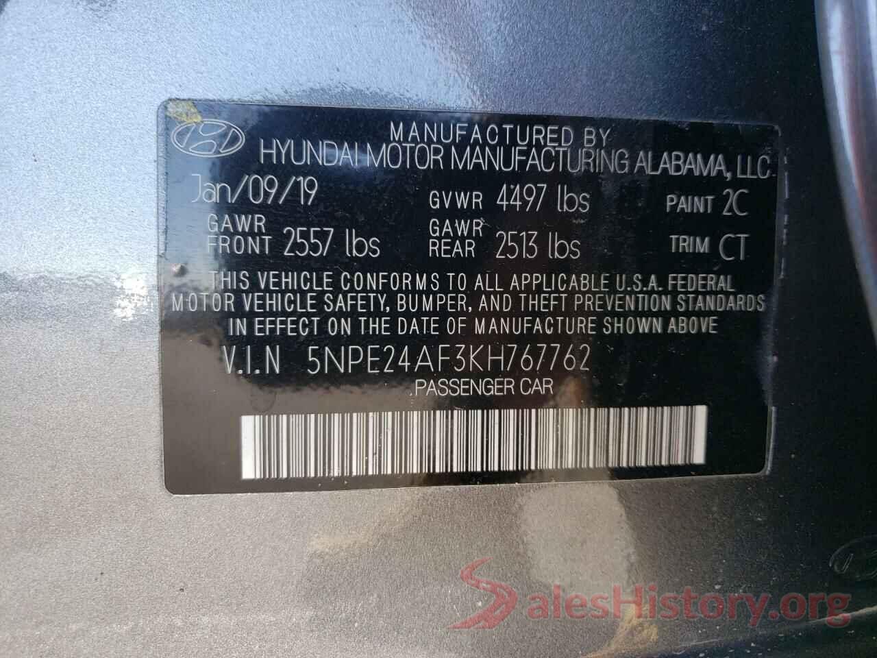 5NPE24AF3KH767762 2019 HYUNDAI SONATA