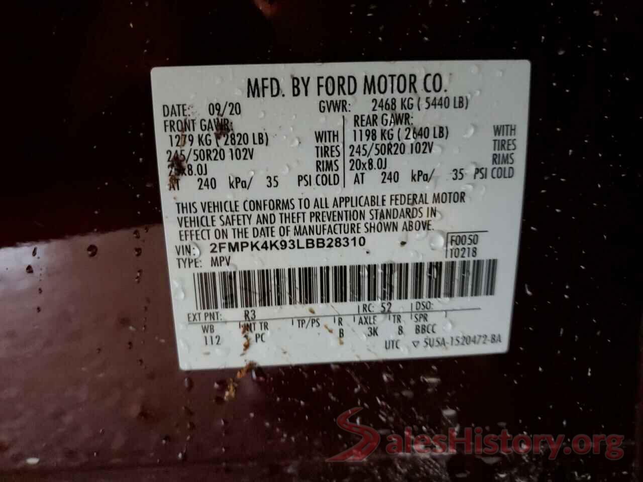 2FMPK4K93LBB28310 2020 FORD EDGE