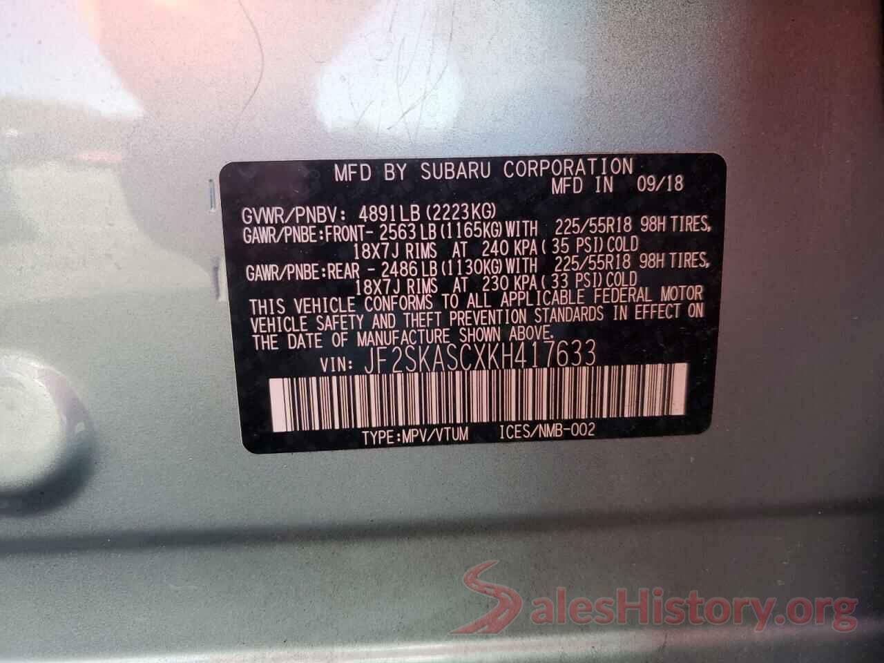 JF2SKASCXKH417633 2019 SUBARU FORESTER