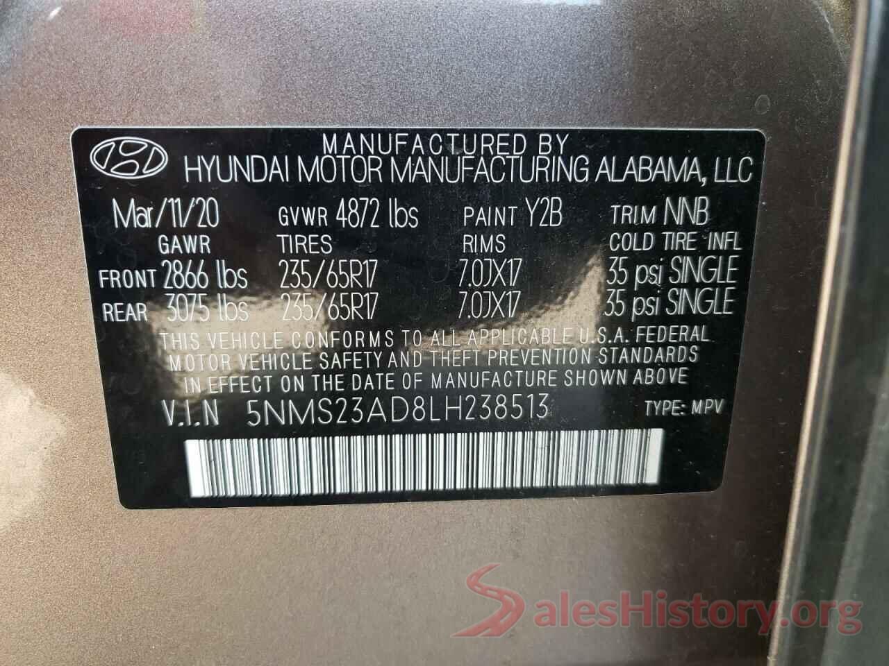 5NMS23AD8LH238513 2020 HYUNDAI SANTA FE