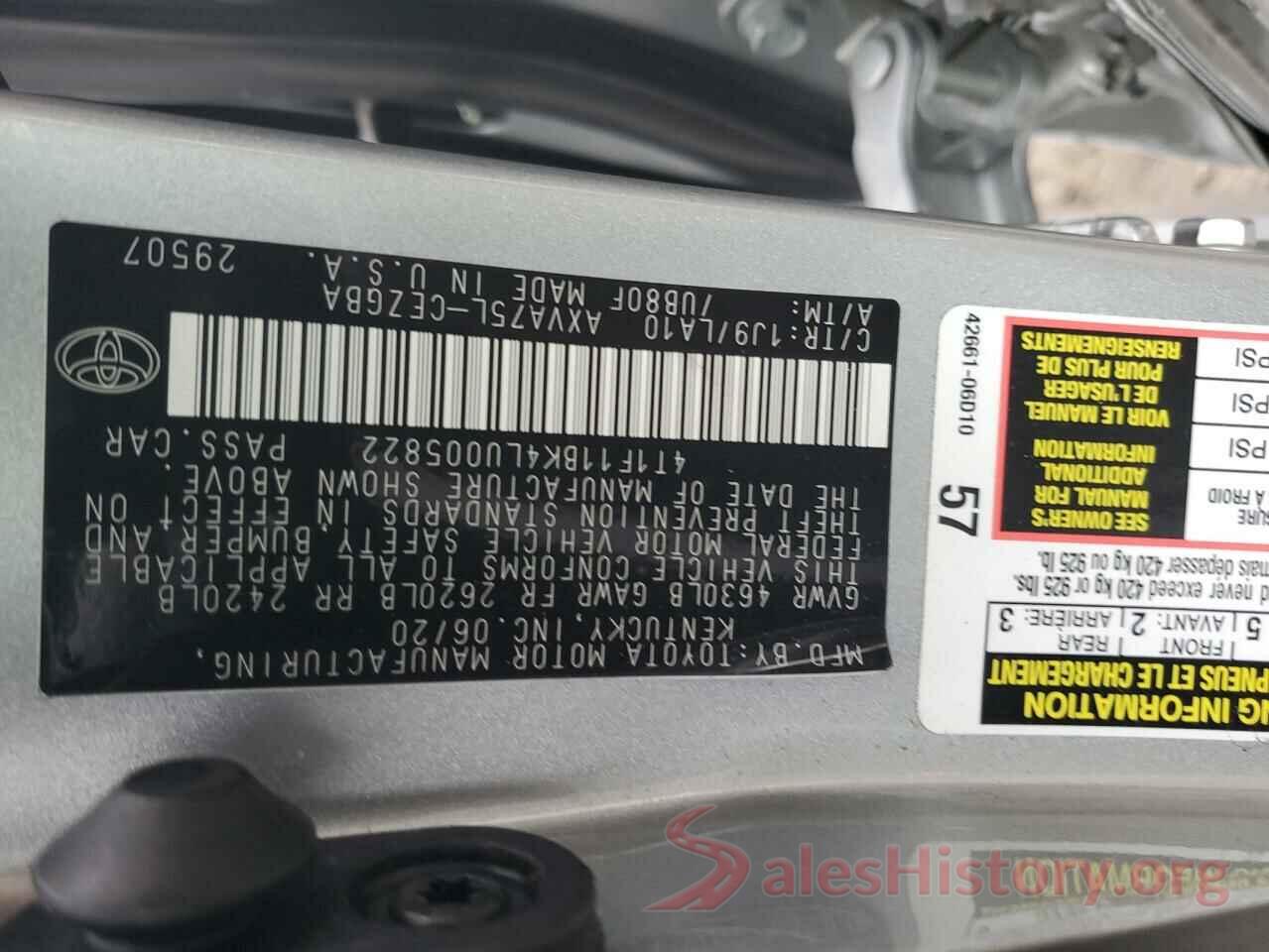 4T1F11BK4LU005822 2020 TOYOTA CAMRY