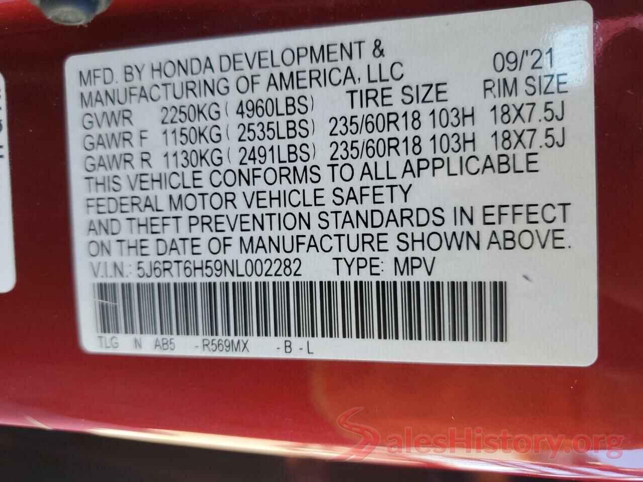 5J6RT6H59NL002282 2022 HONDA CRV