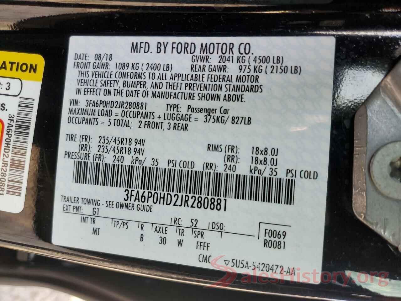 3FA6P0HD2JR280881 2018 FORD FUSION